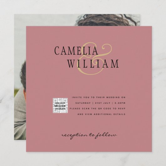 Stoffige ROZE Foto Huwelijksuitnodiging QR Code Be (Voorkant / Achterkant)