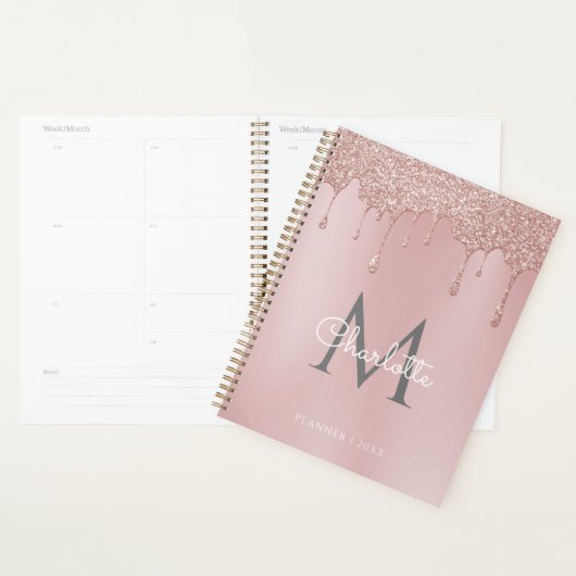 Stoffige Roze Glitter Druppels Monogram Script 202 Planner (Display)