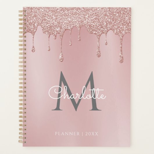 Stoffige Roze Glitter Druppels Monogram Script 202 Planner (Voorkant)