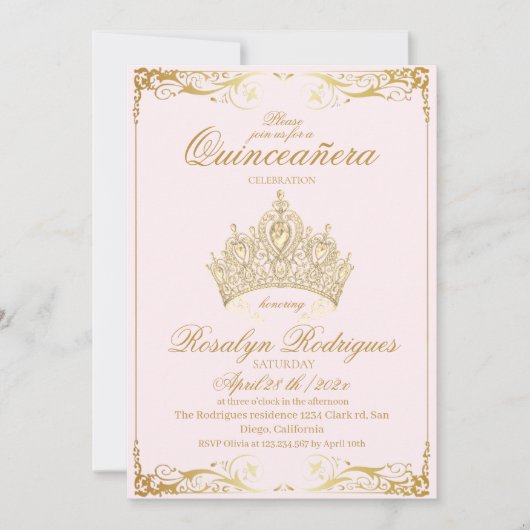 Stoffige Roze Gouden Tiara Prinses Quinceañera Kaart (Voorkant)