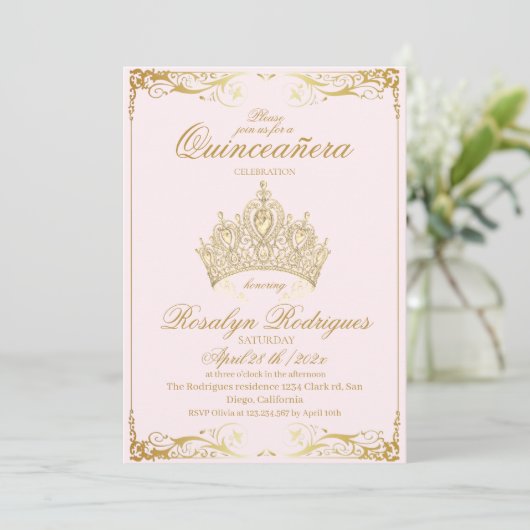 Stoffige Roze Gouden Tiara Prinses Quinceañera  Kaart (Staand voorkant)