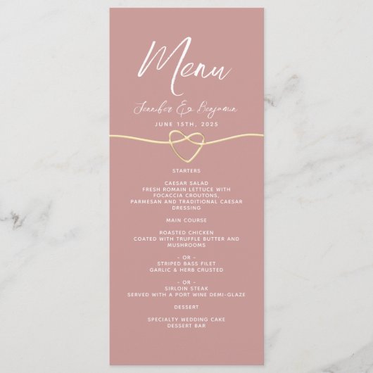 Stoffige Roze Gouden Touw Hart Trouw Menu (Voorkant)