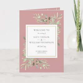 Stoffige Roze Groene Blad Bruiloft Programma