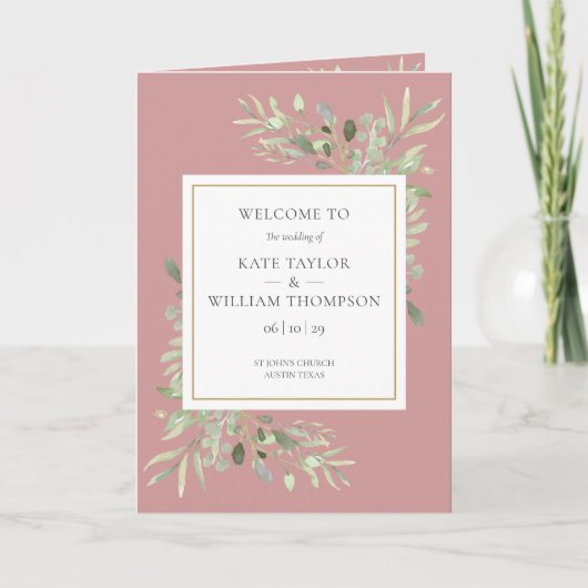 Stoffige Roze Groene Blad Bruiloft Programma (Voorkant)