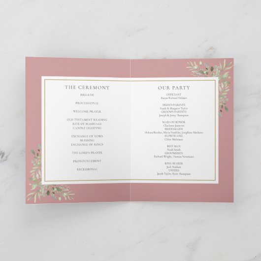 Stoffige Roze Groene Bladerentrouwdag Programma (Binnen)