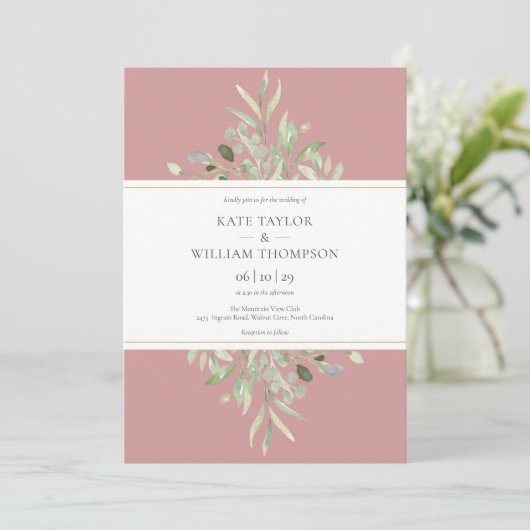 Stoffige Roze Groene Bloemige Trouw Uitnodiging (Staand voorkant)