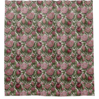 Stoffige Roze Groene Borduurwerkstijl Protea Bloem Douchegordijn