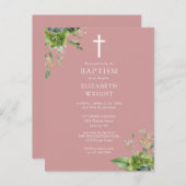 Stoffige Roze Groene Monogram Doop Uitnodiging (Voorkant / Achterkant)