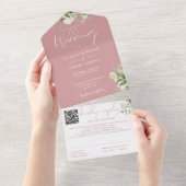 Stoffige Roze Groene Monogram QR Code Trouwen All In One Uitnodiging (Afscheurbaar)