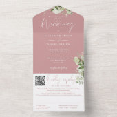 Stoffige Roze Groene Monogram QR Code Trouwen All In One Uitnodiging (Binnen)