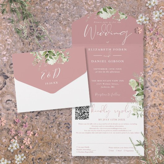Stoffige Roze Groene Monogram QR Code Trouwen All In One Uitnodiging