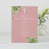 Stoffige Roze Groenery Monogram Eerste Heilige Com Kaart (Staand voorkant)
