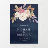 Stoffige Roze Ivoorkleurig Bloemmotief Navyblauw Q Drieluik Uitnodiging (Cover)