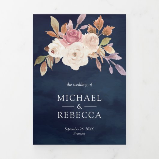 Stoffige Roze Ivoorkleurig Bloemmotief Navyblauw Q Drieluik Uitnodiging (Cover)