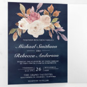 Stoffige Roze Ivoorkleurig Bloemmotief Navyblauw Q Drieluik Uitnodiging (Binnenzijde eerst)