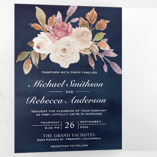 Stoffige Roze Ivoorkleurig Bloemmotief Navyblauw Q Drieluik Uitnodiging (Binnenzijde eerst)