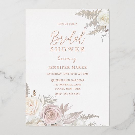 Stoffige Roze & Ivoren Bloemige Bruidsmeisjesfeest Folie Uitnodiging (Voorkant)