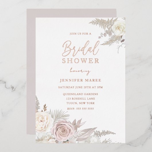 Stoffige Roze & Ivoren Bloemige Bruidsmeisjesfeest Folie Uitnodiging (Voorkant / Achterkant)