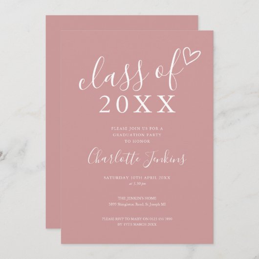 Stoffige Roze Klas van Script Hart Afstudeerfeest Kaart (Voorkant / Achterkant)