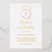 stoffige roze krans Doop en 1e Verjaardag Folie Uitnodiging (Voorkant)