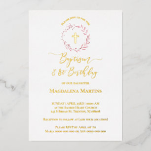 stoffige roze krans Doop en 1e Verjaardag Folie Uitnodiging