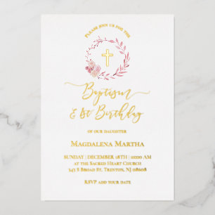 stoffige roze krans   Doop en 1e verjaardag Folie Uitnodiging