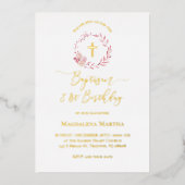 stoffige roze krans | Doop en 1e verjaardag Folie Uitnodiging (Voorkant)