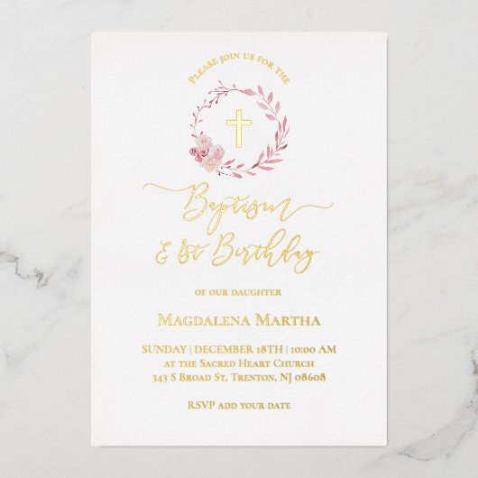 stoffige roze krans | Doop en 1e verjaardag Folie Uitnodiging (Voorkant)