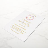 stoffige roze krans | Doop en 1e verjaardag Folie Uitnodiging (Gedraaid)