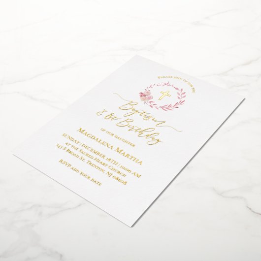 stoffige roze krans | Doop en 1e verjaardag Folie Uitnodiging (Gedraaid)