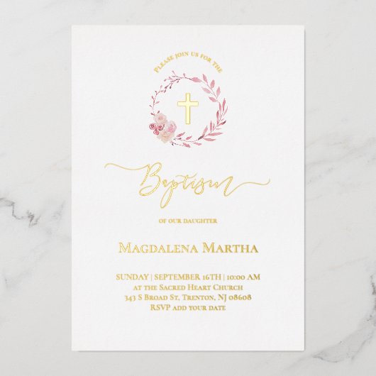 stoffige roze krans waterverf Doop Uitnodiging (Voorkant)