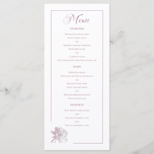 Stoffige Roze Lijn Kunst Roos Eetgelegenheden Brui Menu (Voorkant)
