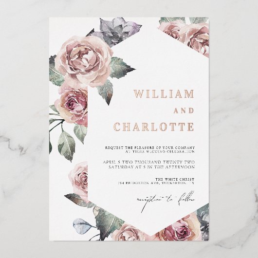 Stoffige Roze Loof Modern Bruiloft Folie Uitnodiging (Voorkant)