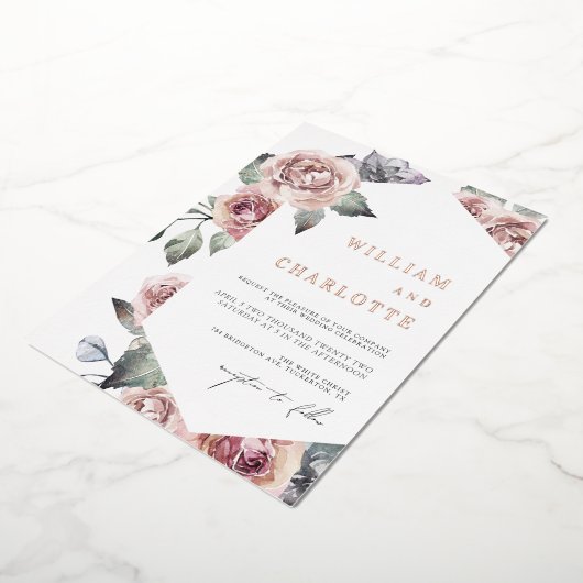 Stoffige Roze Loof Modern Bruiloft Folie Uitnodiging (Gedraaid)