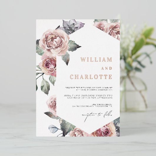 Stoffige Roze Loof Modern Bruiloft Folie Uitnodiging (Staand Voorkant)