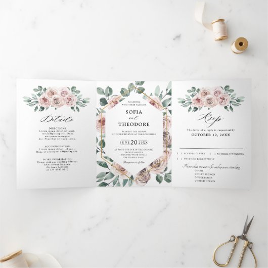 Stoffige Roze Mauve Roos Bloemige Geometrische Tro Drieluik Aankondiging (Binnen)