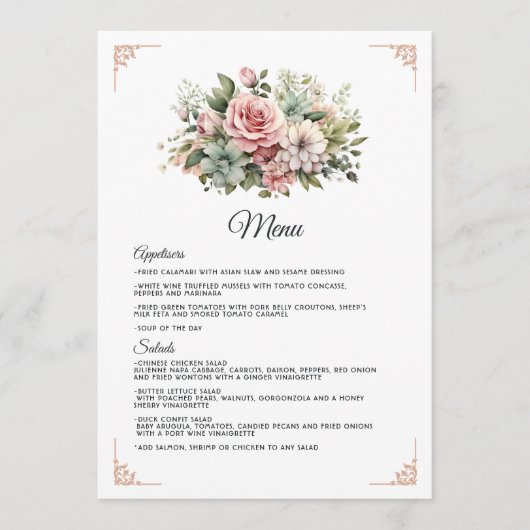Stoffige Roze, Mintgroene en Blush Bloemen Bruilof Menu (Voorkant)