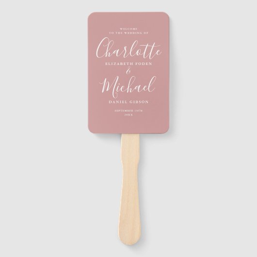 Stoffige Roze Moderne Script Huwelijksprogramma Handwaaier (Voorkant)
