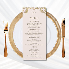 Stoffige Roze Monogram Barok Christelijk Trouwmenu Menu