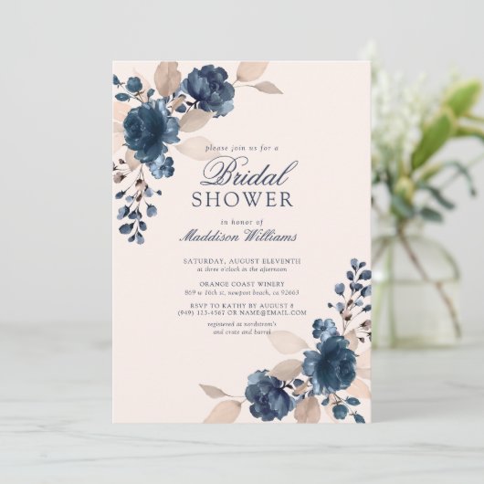 Stoffige Roze Navy Blauwe Bloemen Rustieke Bruidsu Kaart (Staand voorkant)