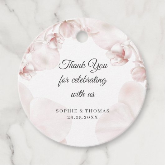Stoffige roze orchidee waterverf bruiloft bedankjes labels (Voorkant)