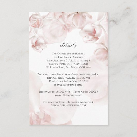 Stoffige roze orchidee waterverf bruiloft details informatiekaartje (Voorkant)