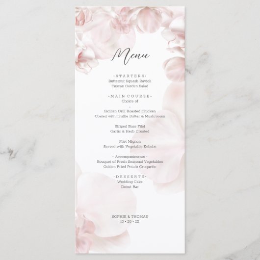 Stoffige roze orchidee waterverf bruiloft menu (Voorkant)