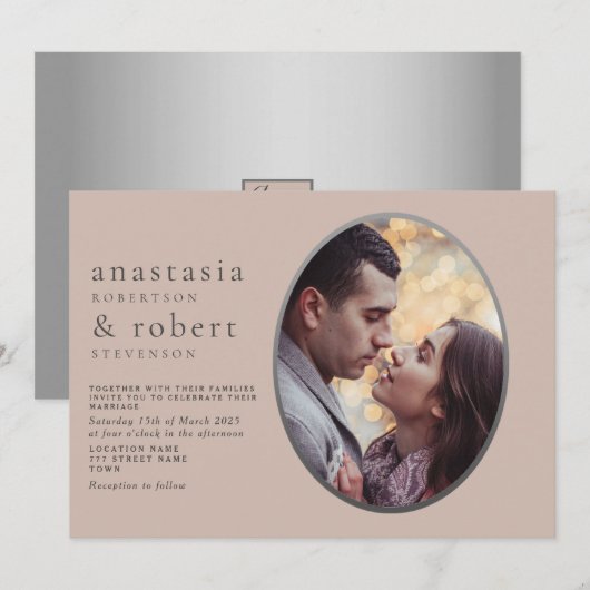 Stoffige Roze Ovaal Foto Huwelijksuitnodiging Kaart (Voorkant / Achterkant)