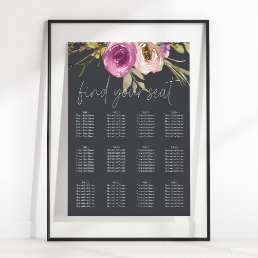 Stoffige roze paarse bloemen bruiloft zitplaatsenk poster