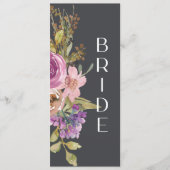 Stoffige roze paarse bloemstuk bruiloft stoel bord menu (Voorkant)