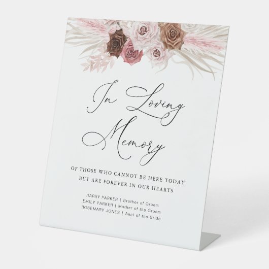 Stoffige roze pampas bloemenbruiloft gedenkteken reclamebord met voetstuk (Voorkant)