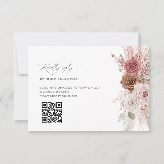 stoffige roze pampas bloemenbruiloft QR code RSVP  Bedankkaart (Voorkant)