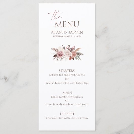 Stoffige Roze Pampas Boho Trouwmenu Menu (Voorkant)