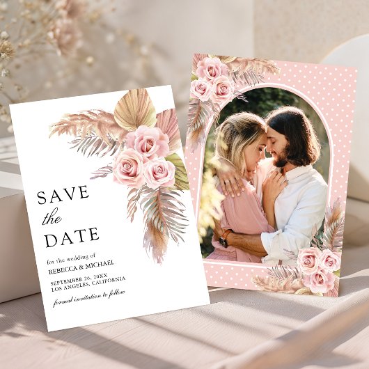 Stoffige Roze Pampas Gras Foto Bruiloft Save The Date